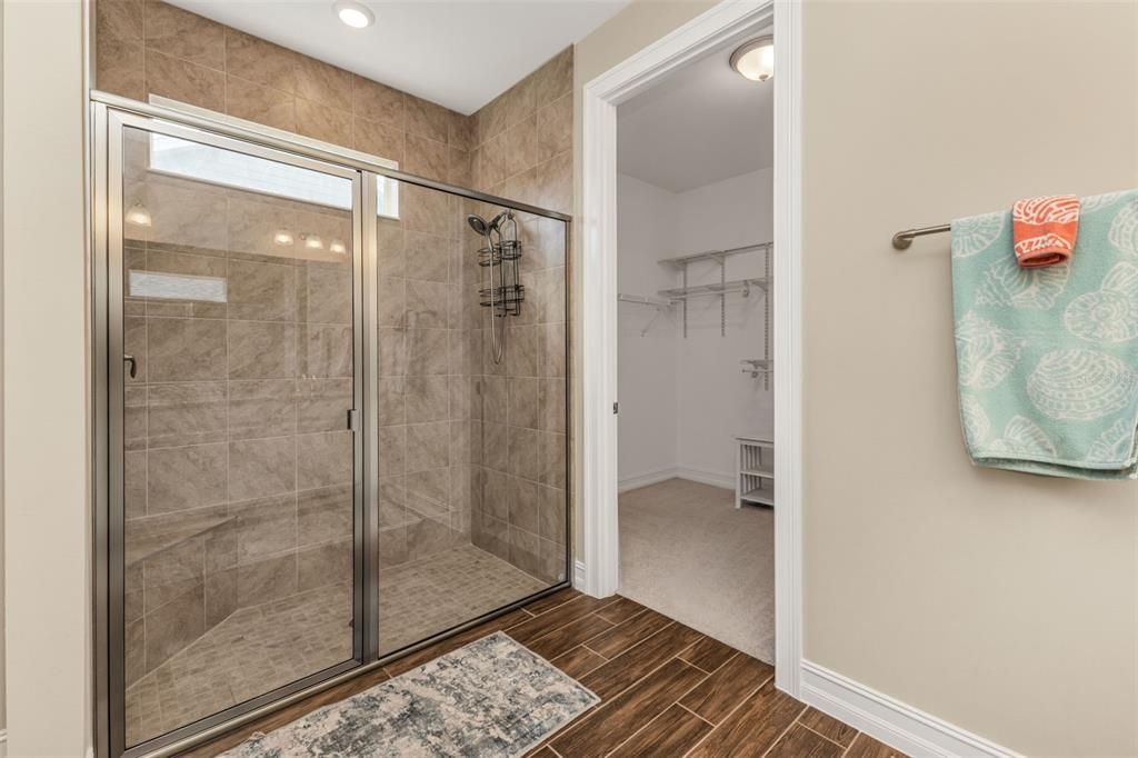 Bathroom, Glass Shower, Interior, Recessed Lighting, Wood Texture Flooring