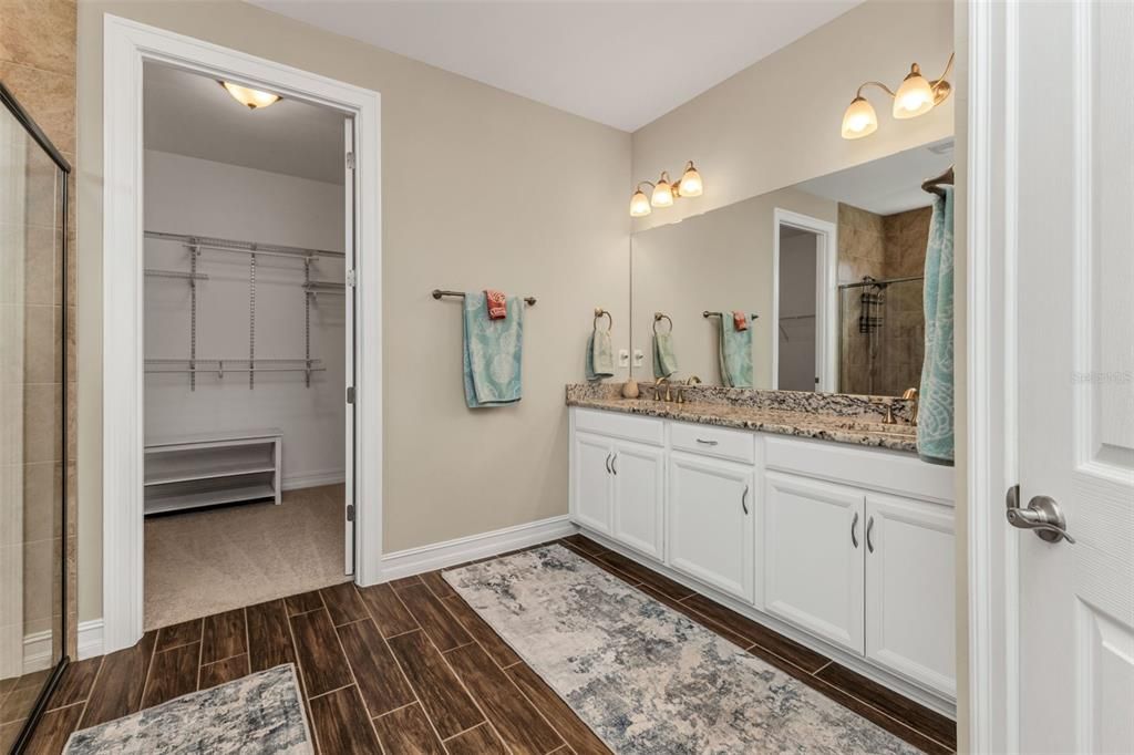 Bathroom, Dual Sink Vanities, Interior, Walk-in Closets, Wood Texture Flooring