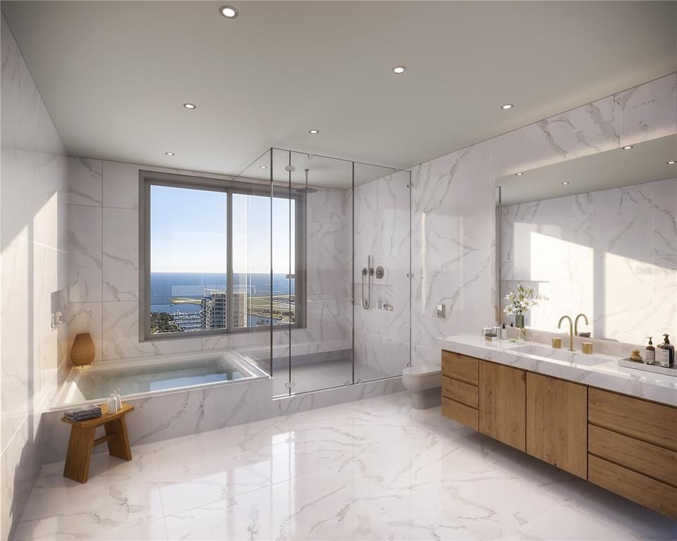 Bathroom, Dual Sink Vanities, Glass Shower, Interior, Marble, Marble Walls, Recessed Lighting, Water