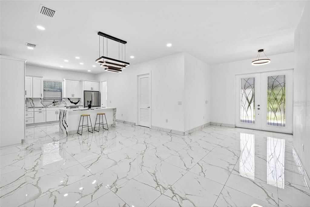 Interior, Kitchen, Marble, Pendant Lights, Recessed Lighting