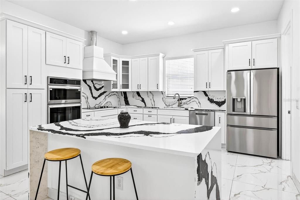 Interior, Kitchen, Marble, Recessed Lighting, Stainless Steel Appliances