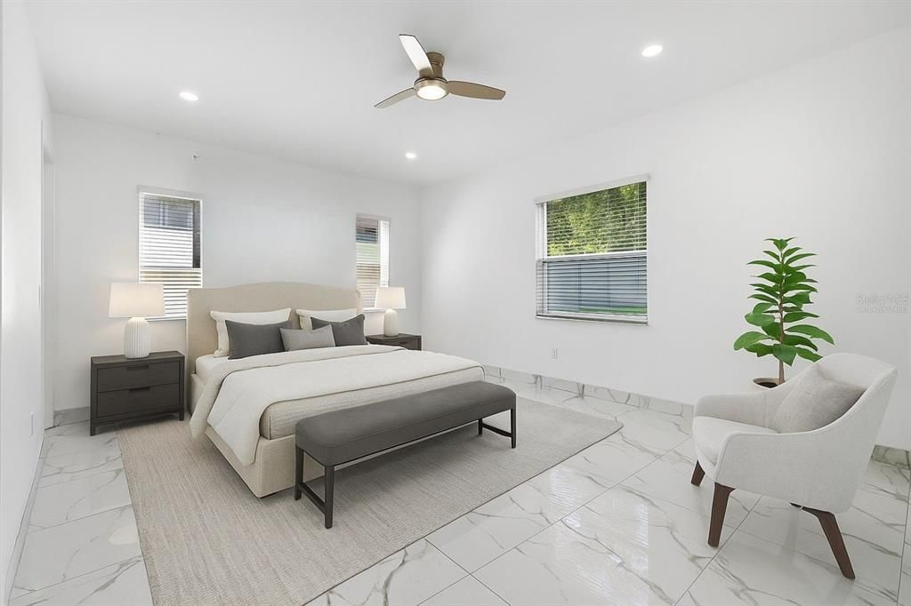 Bedroom, Interior, Marble, Recessed Lighting