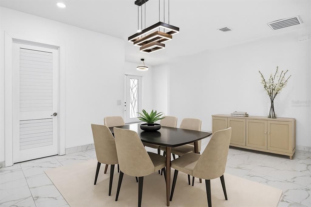 Dining room, Interior, Marble, Pendant Lights, Recessed Lighting