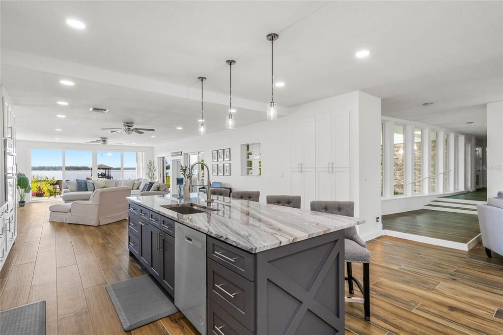 Interior, Kitchen, Living room, Pendant Lights, Recessed Lighting, Wood Texture Flooring