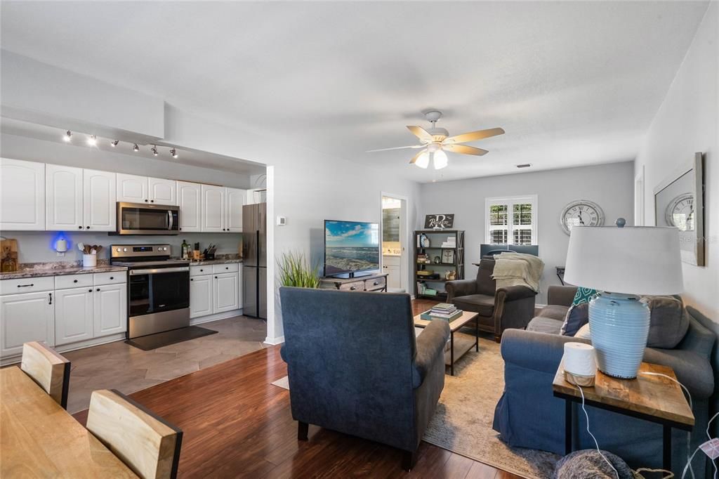 Interior, Kitchen, Living room, Stainless Steel Appliances, Wood Texture Flooring