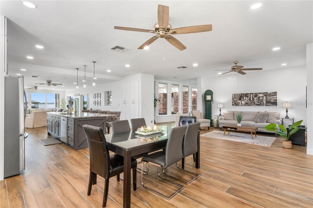 Dining room, Interior, Kitchen, Living room, Pendant Lights, Recessed Lighting, Wood Texture Flooring
