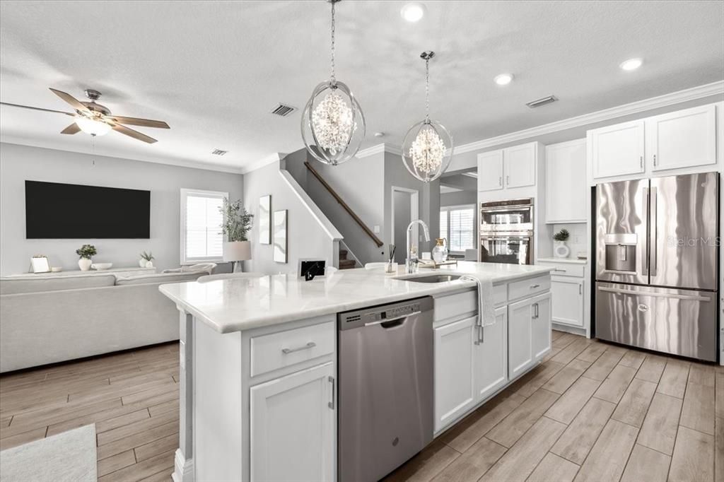 Interior, Kitchen, Living room, Pendant Lights, Recessed Lighting, Stainless Steel Appliances, Wood Texture Flooring