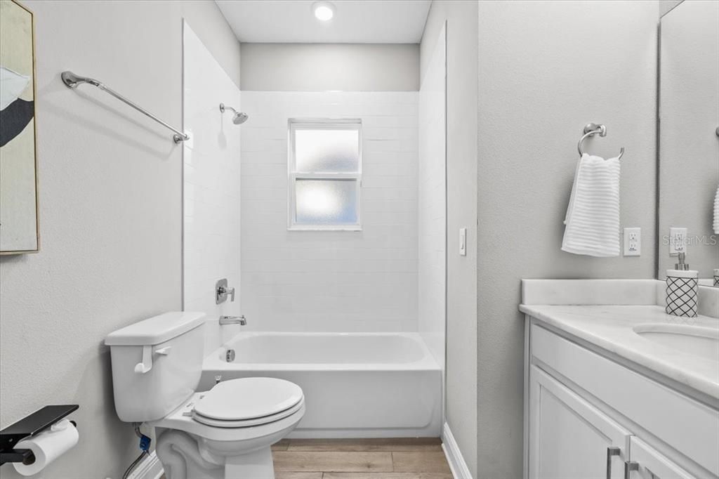 Bathroom, Interior, Recessed Lighting, Wood Texture Flooring
