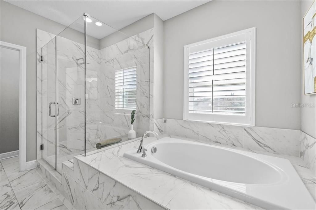 Bathroom, Glass Shower, Interior, Marble, Marble Walls, Recessed Lighting