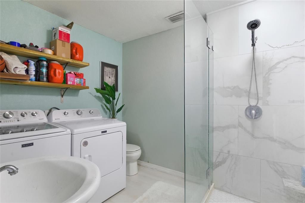 Bathroom, Glass Shower, Interior, Marble Walls, Washer