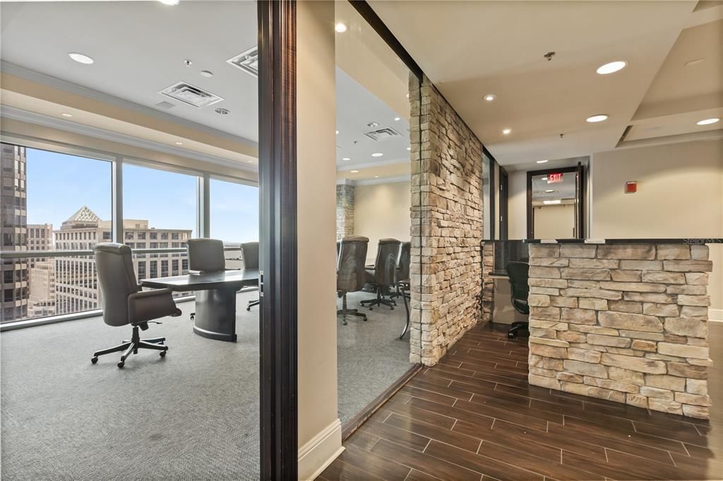Home Office, Interior, Recessed Lighting, Stone Walls, Wood Texture Flooring