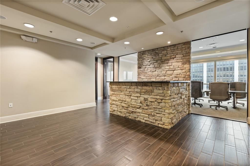 Home Office, Interior, Recessed Lighting, Stone Walls, Wood Texture Flooring