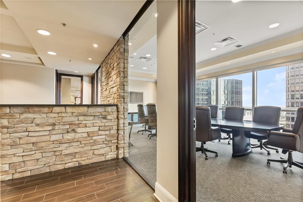 Home Office, Interior, Recessed Lighting, Stone Walls, Wood Texture Flooring