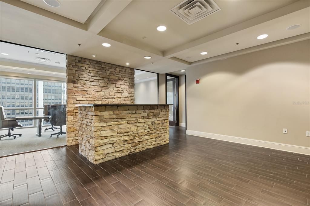 Home Office, Interior, Recessed Lighting, Stone Walls, Wood Texture Flooring