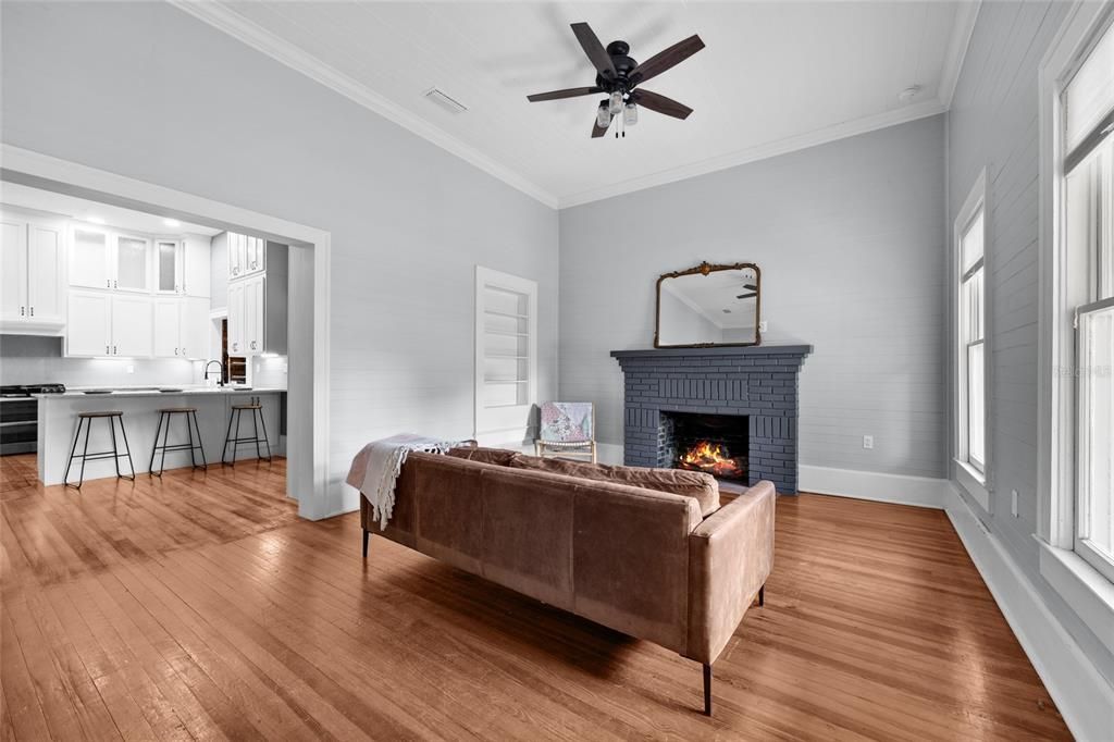 Fireplace, Interior, Kitchen, Living room, Wood Texture Flooring