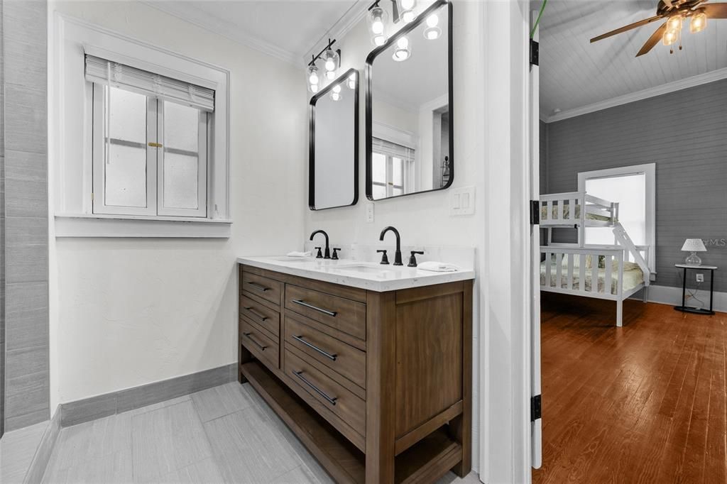 Bathroom, Dual Sink Vanities, Interior, Wood Texture Flooring