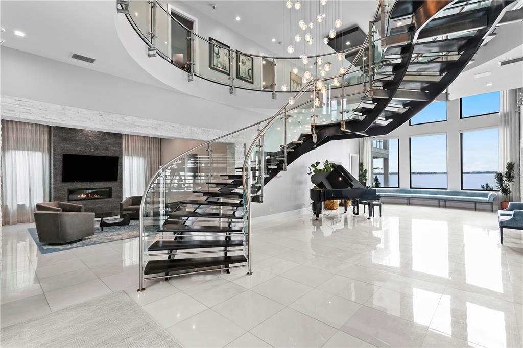 Fireplace, Interior, Living room, Marble, Pendant Lights, Piano, Recessed Lighting