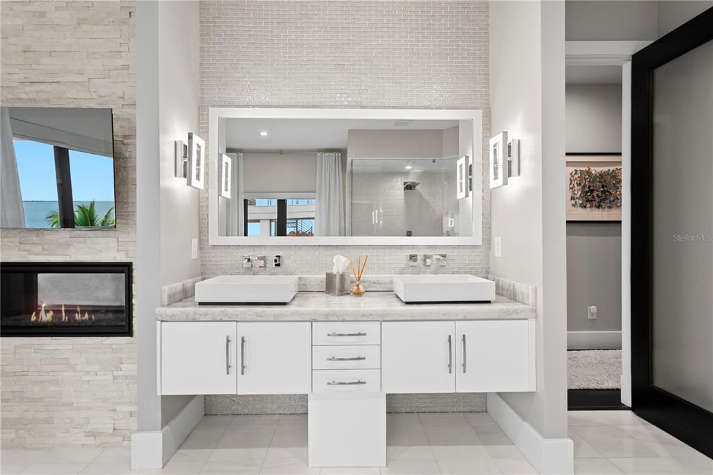 Bathroom, Dual Sink Vanities, Fireplace, Interior, Recessed Lighting, Stone Walls, Water