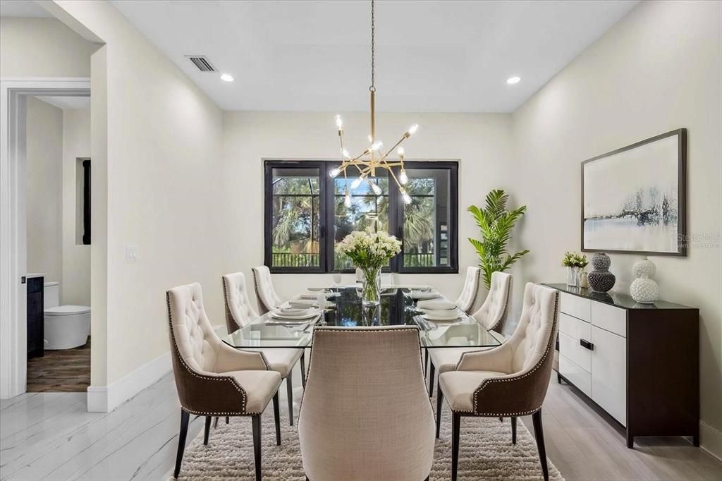 Dining room, Interior, Pendant Lights, Recessed Lighting, Wood Texture Flooring
