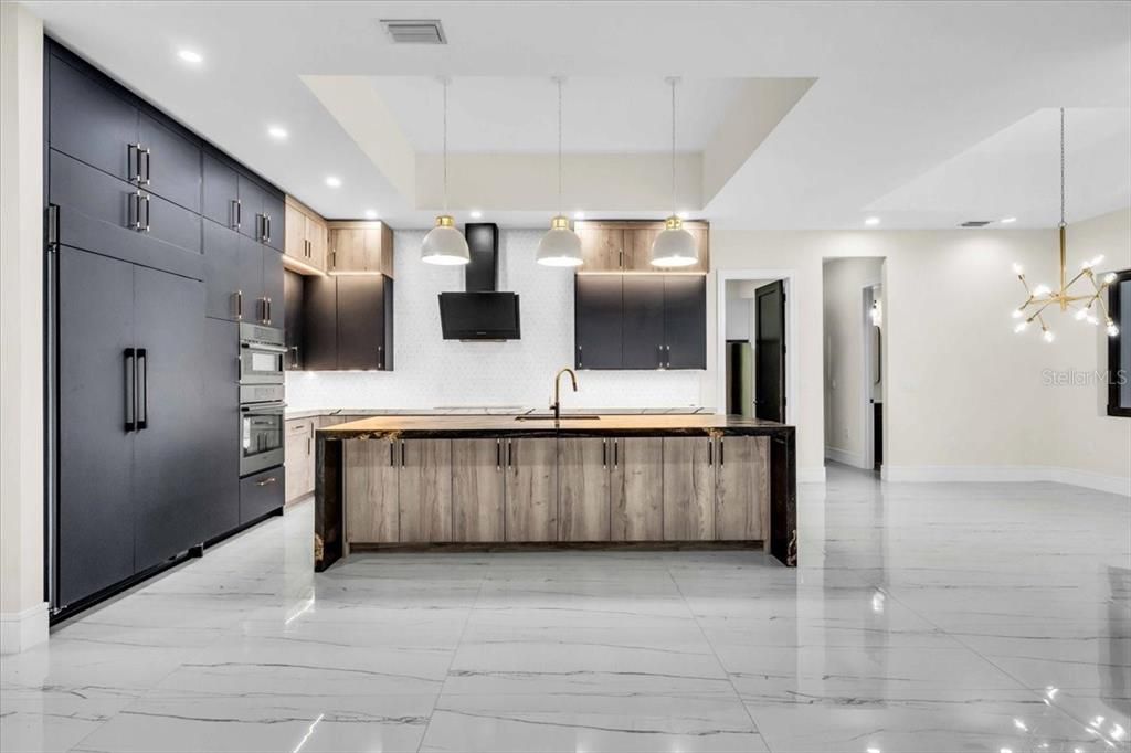 Interior, Kitchen, Marble, Pendant Lights, Recessed Lighting, Stainless Steel Appliances