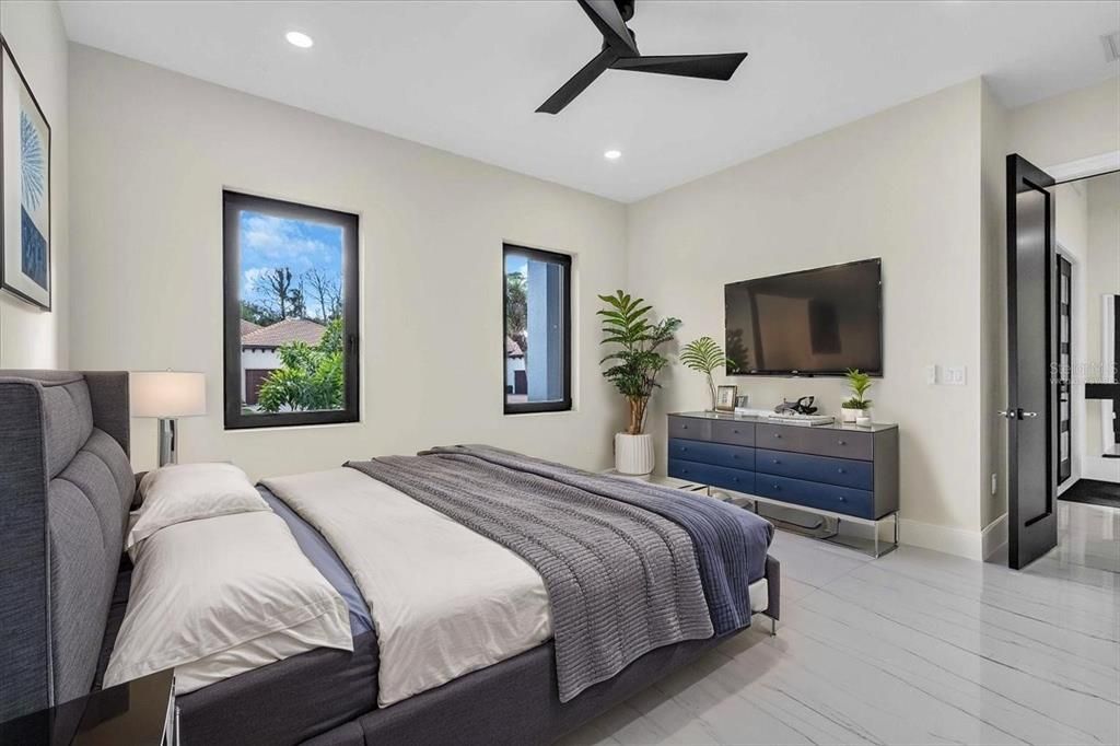 Bedroom, Interior, Recessed Lighting, Wood Texture Flooring