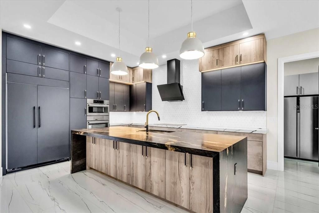 Interior, Kitchen, Marble, Pendant Lights, Recessed Lighting, Stainless Steel Appliances