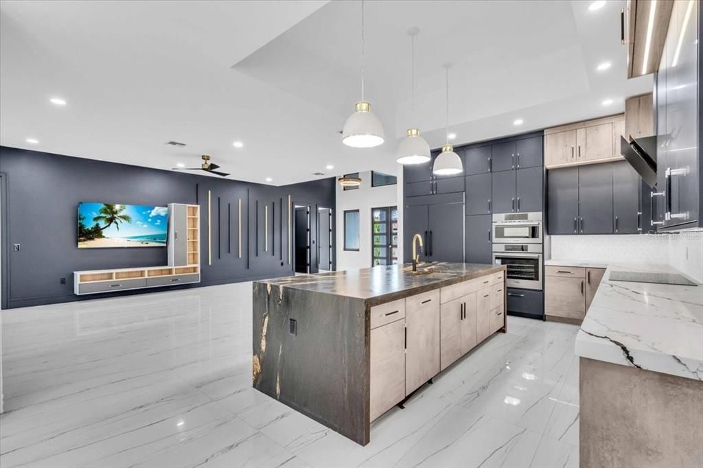 Interior, Kitchen, Marble, Pendant Lights, Recessed Lighting, Stainless Steel Appliances