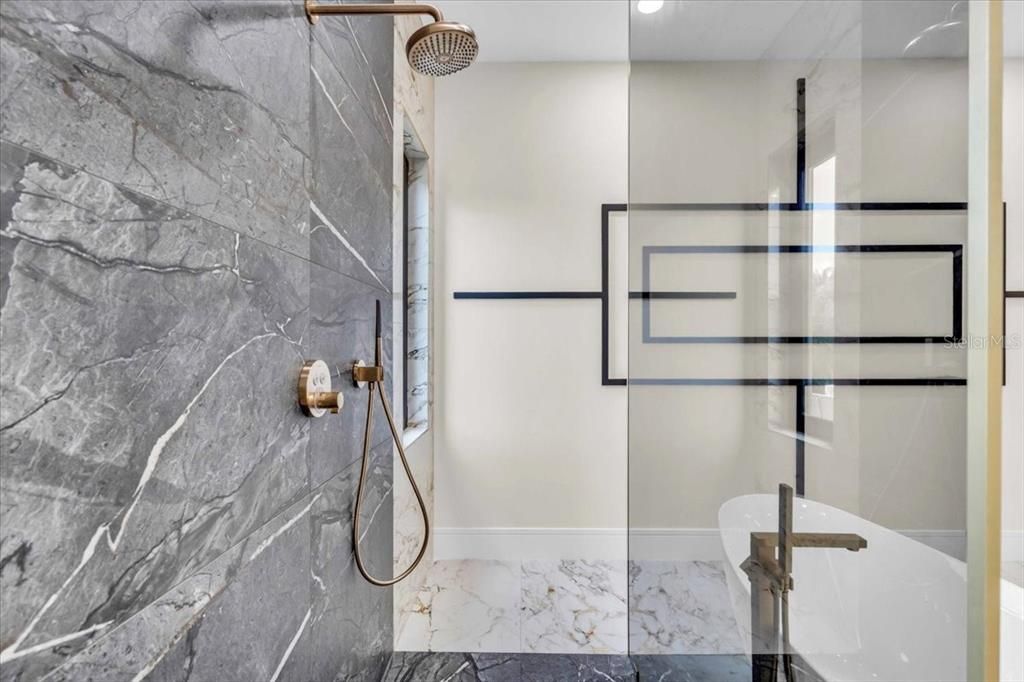 Bathroom, Glass Shower, Interior, Marble, Marble Walls, Recessed Lighting