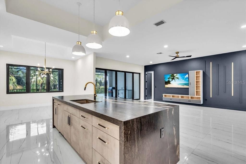 Interior, Kitchen, Marble, Pendant Lights, Recessed Lighting