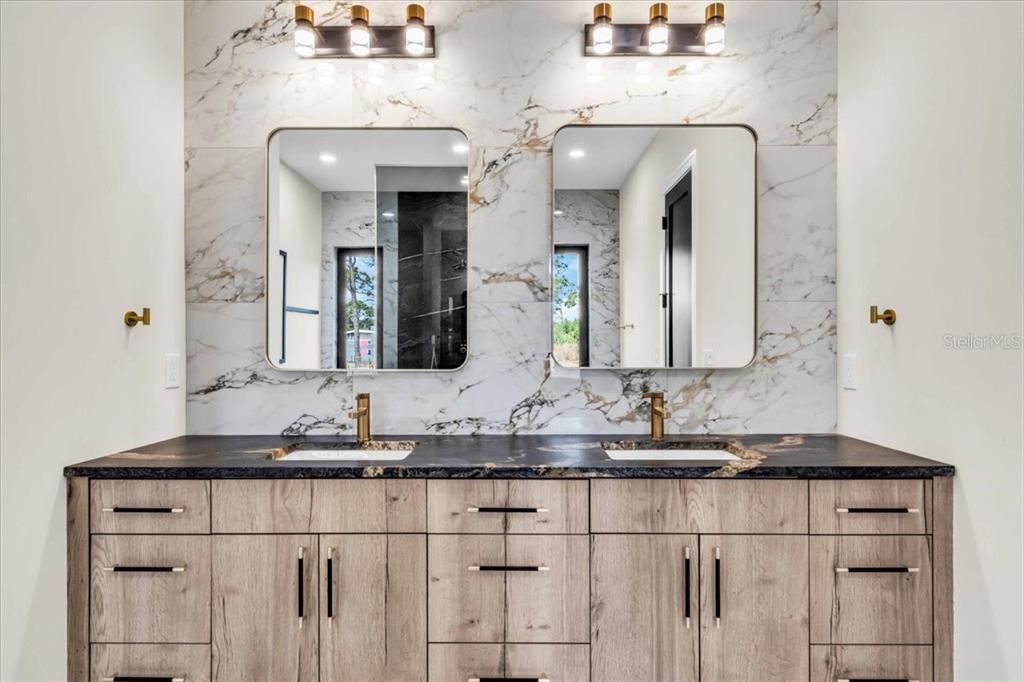 Bathroom, Dual Sink Vanities, Interior, Marble Walls