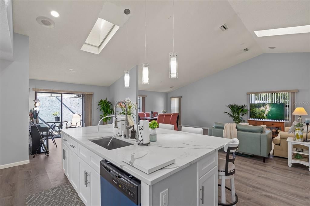 Dining room, Interior, Kitchen, Living room, Pendant Lights, Recessed Lighting, Wood Texture Flooring