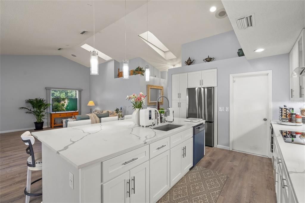 Interior, Kitchen, Pendant Lights, Recessed Lighting, Stainless Steel Appliances, Wood Texture Flooring