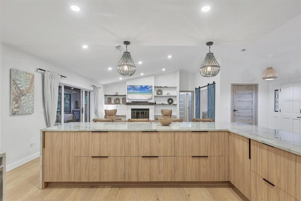 Chandelier, Fireplace, Interior, Pendant Lights, Recessed Lighting, Wood Texture Flooring