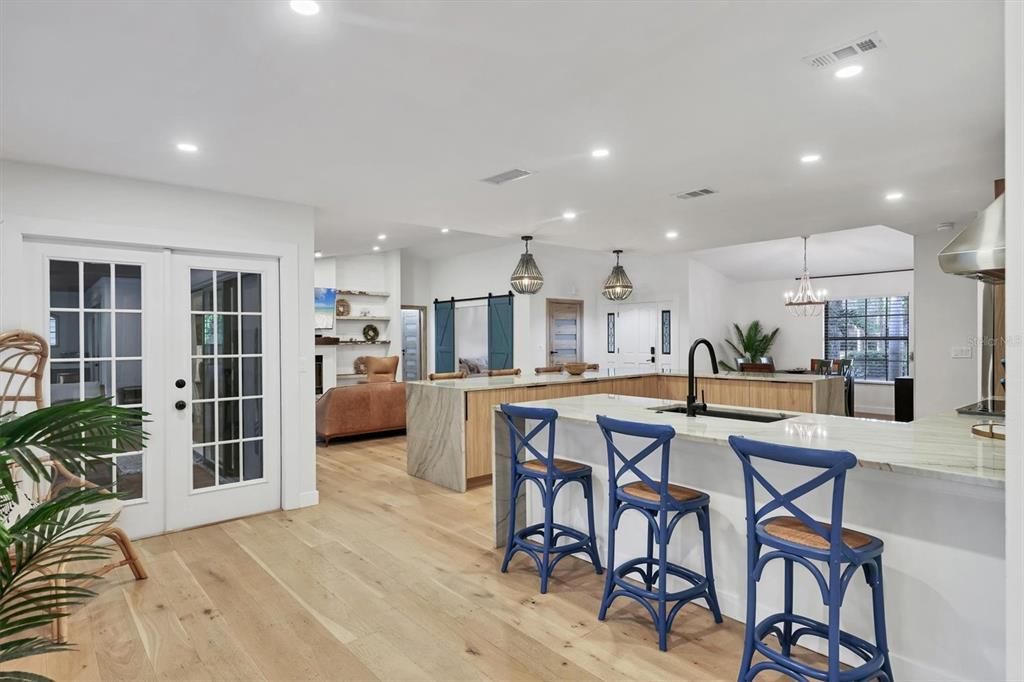 Chandelier, Interior, Kitchen, Pendant Lights, Recessed Lighting, Wood Texture Flooring