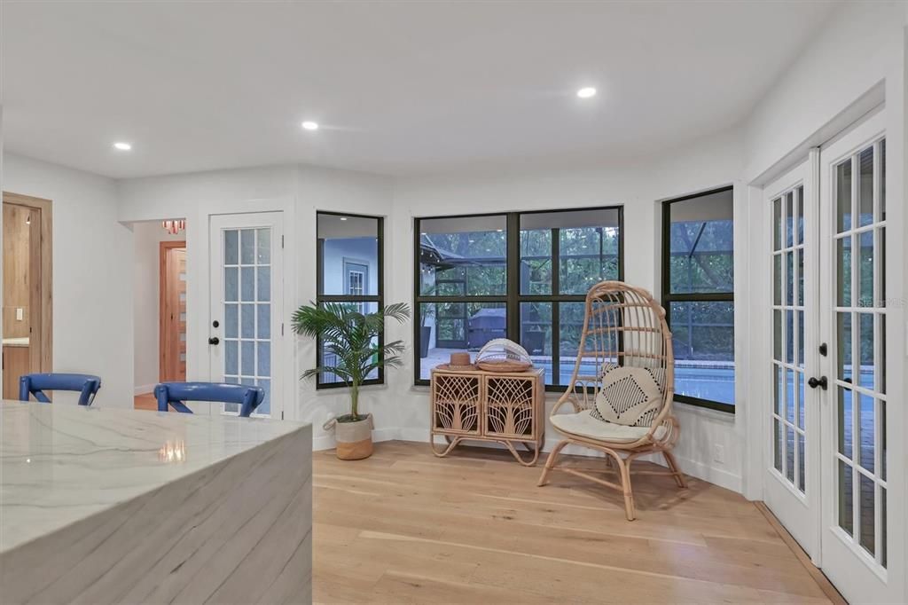Dining room, Interior, Recessed Lighting, Wood Texture Flooring
