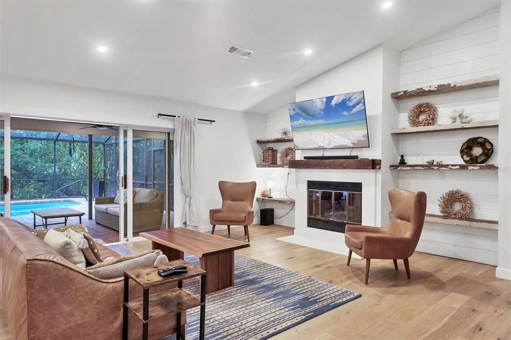 Fireplace, Interior, Living room, Recessed Lighting, Wood Texture Flooring