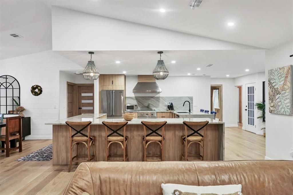 Interior, Kitchen, Pendant Lights, Recessed Lighting, Stainless Steel Appliances, Wood Texture Flooring