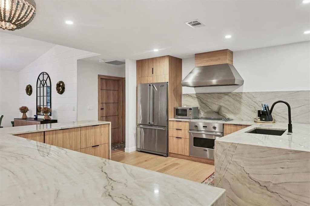 Interior, Kitchen, Recessed Lighting, Stainless Steel Appliances, Wood Texture Flooring