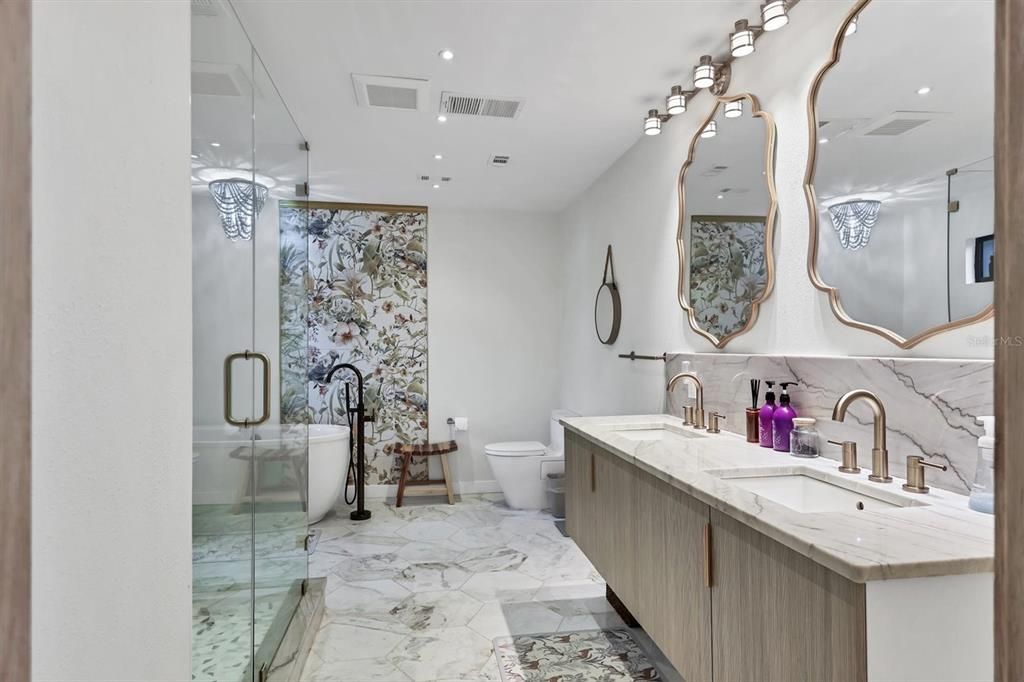 Bathroom, Dual Sink Vanities, Glass Shower, Interior, Marble, Recessed Lighting