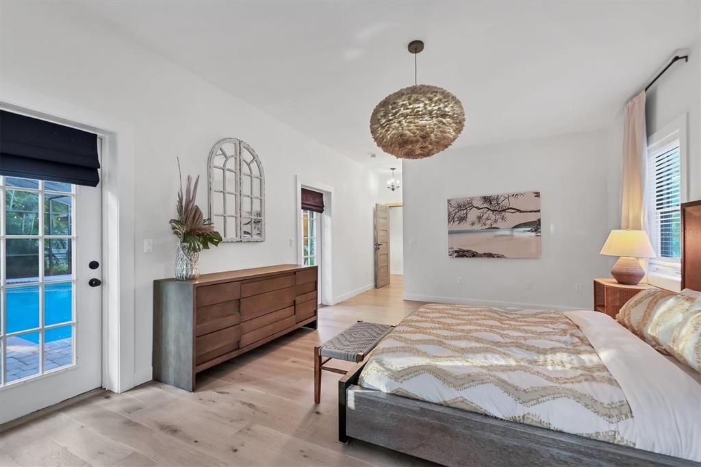 Bedroom, Interior, Pendant Lights, Wood Texture Flooring