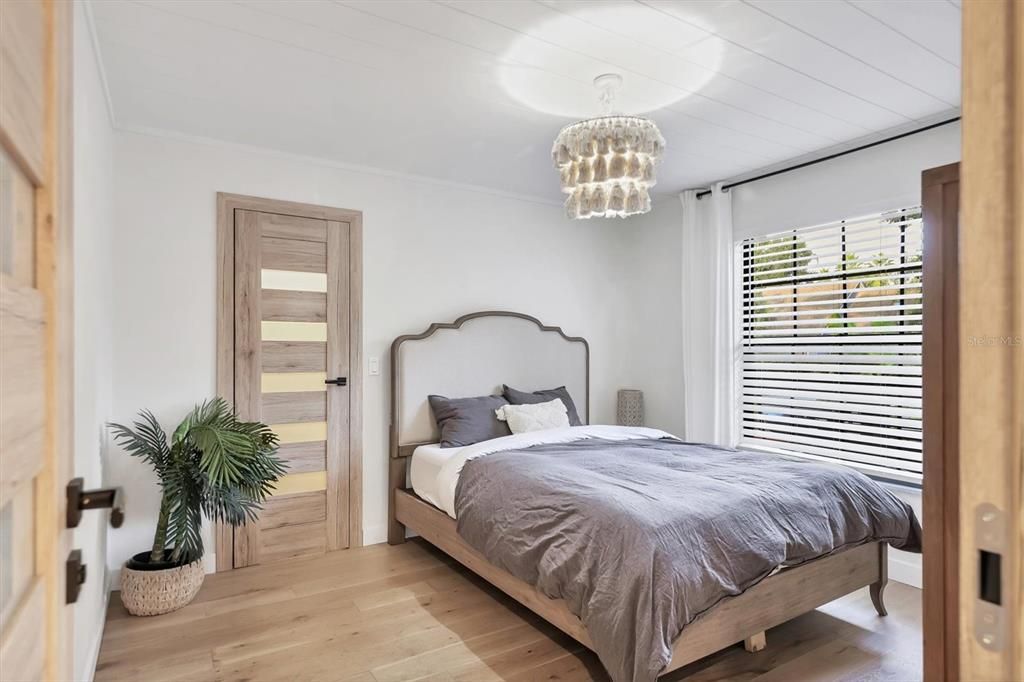 Bedroom, Chandelier, Interior, Wood Texture Flooring