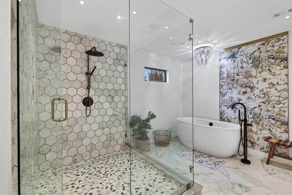 Bathroom, Free Standing Baths, Glass Shower, Interior, Marble, Recessed Lighting