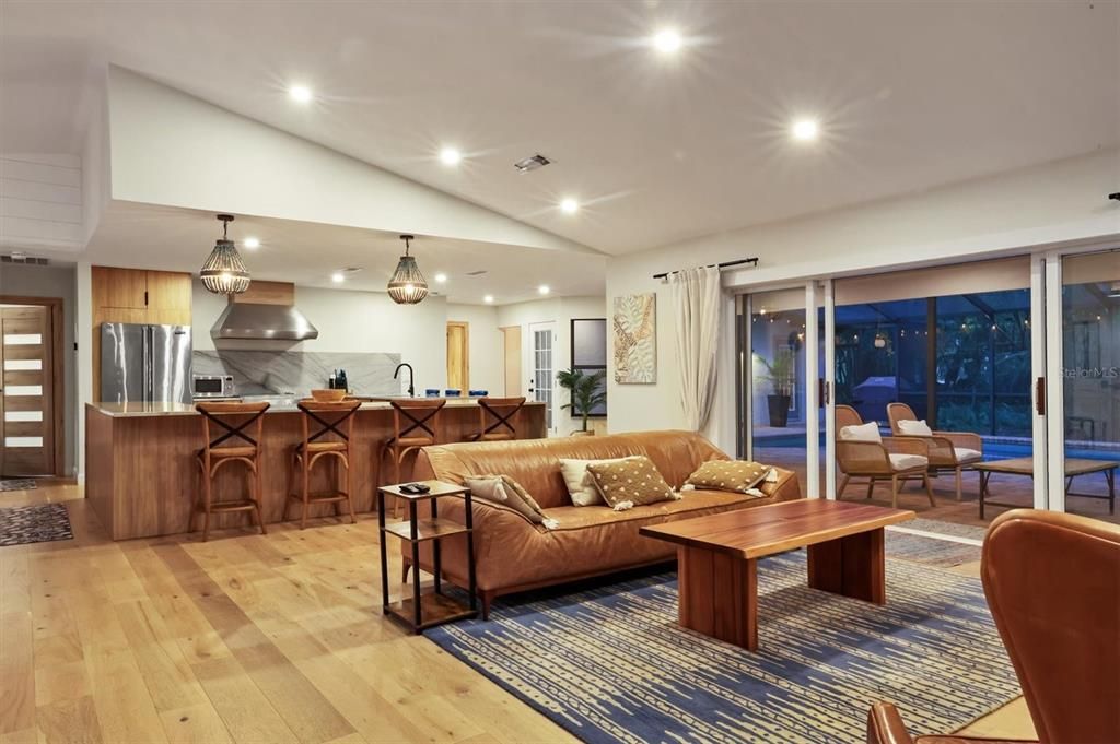 Interior, Kitchen, Living room, Pendant Lights, Recessed Lighting, Stainless Steel Appliances, Wood Texture Flooring