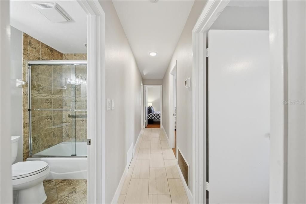 Bathroom, Glass Shower, Interior, Recessed Lighting, Wood Texture Flooring