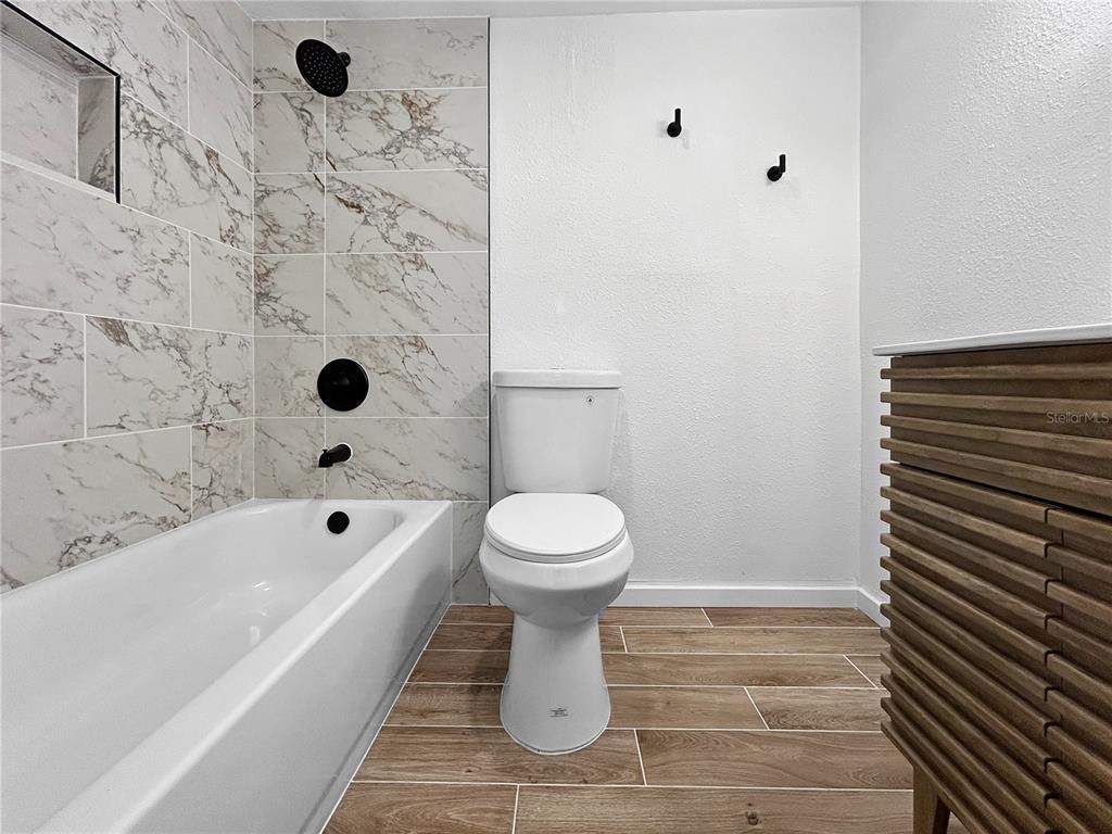 Bathroom, Interior, Marble Walls, Wood Texture Flooring