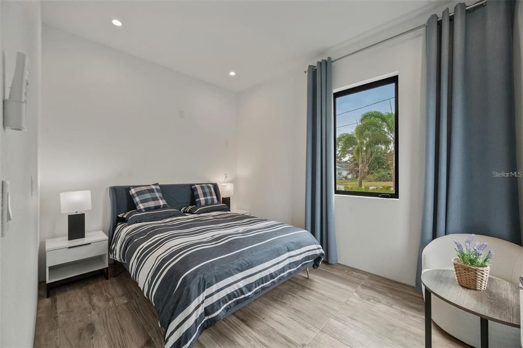 Bedroom, Interior, Recessed Lighting, Wood Texture Flooring