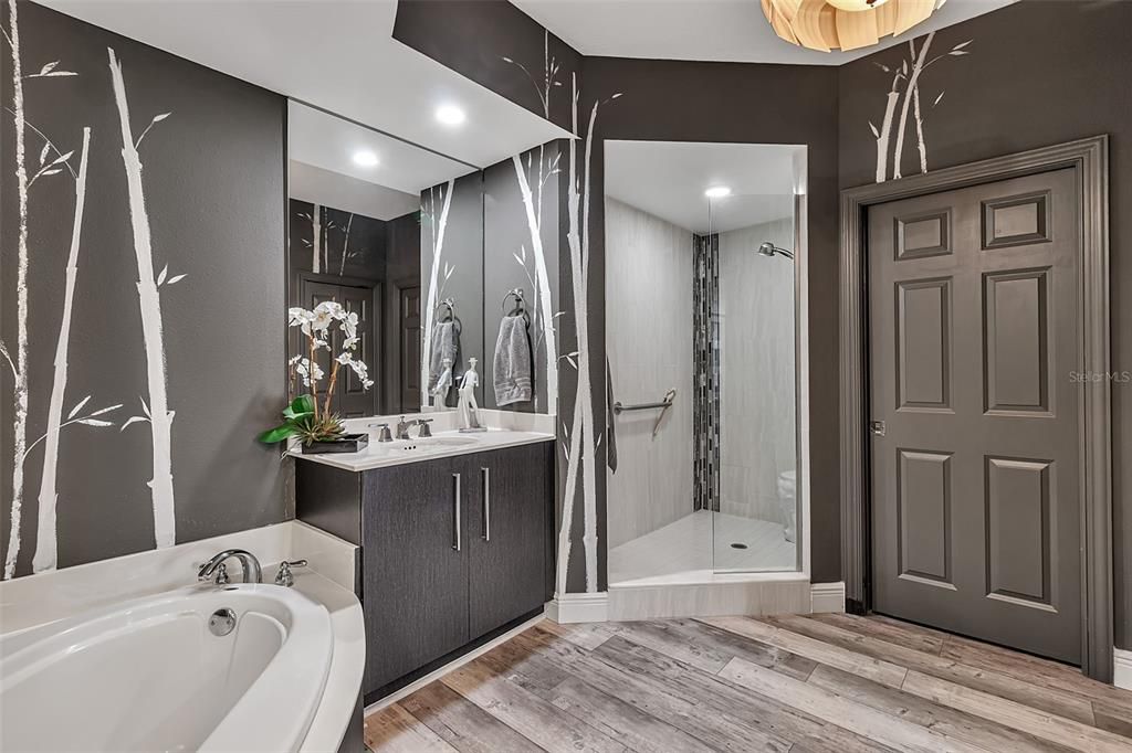 Bathroom, Dual Sink Vanities, Glass Shower, Interior, Recessed Lighting, Wood Texture Flooring