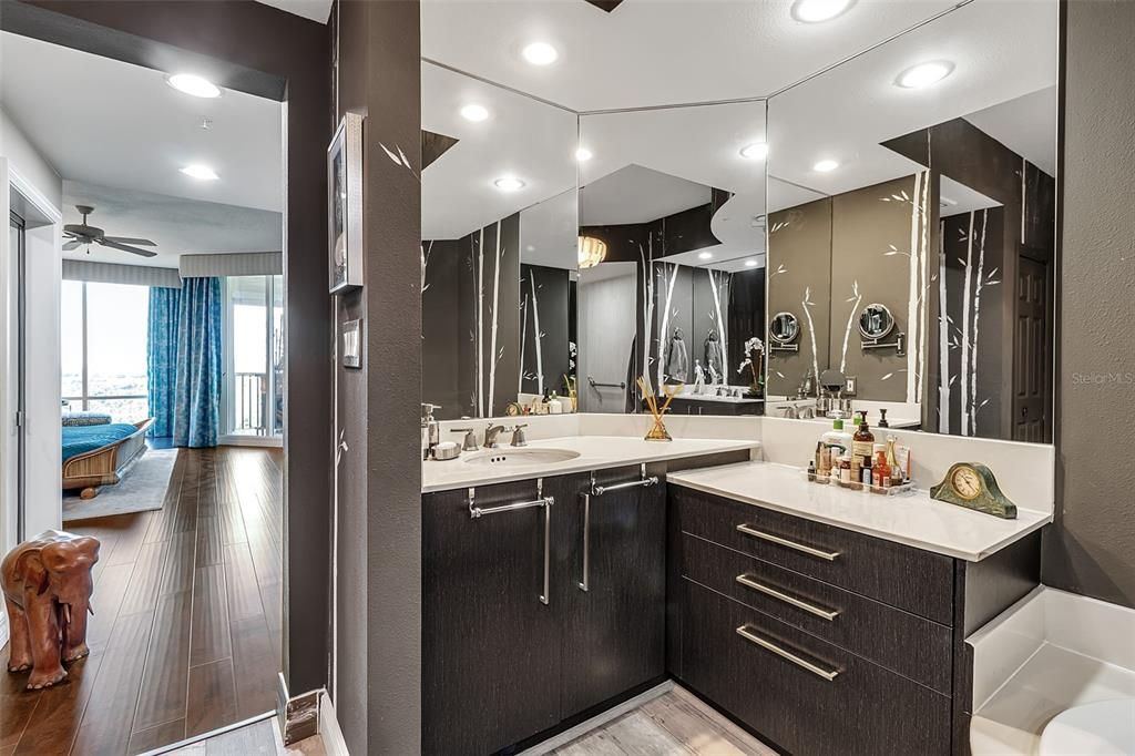 Bathroom, Dual Sink Vanities, Interior, Recessed Lighting, Wood Texture Flooring