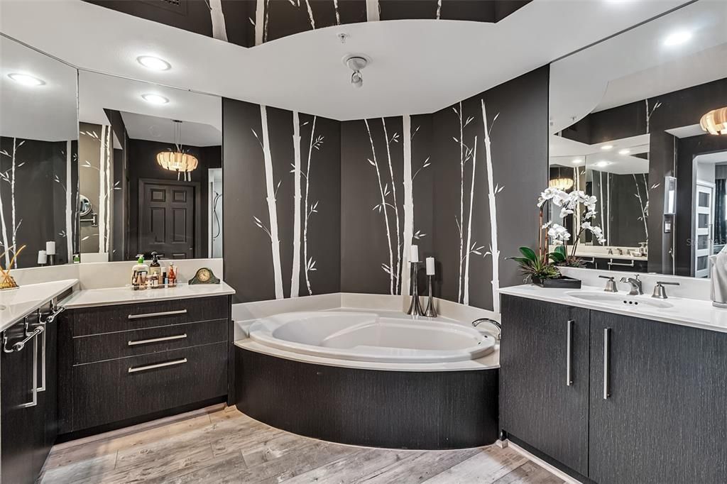 Bathroom, Dual Sink Vanities, Interior, Pendant Lights, Recessed Lighting, Wood Texture Flooring