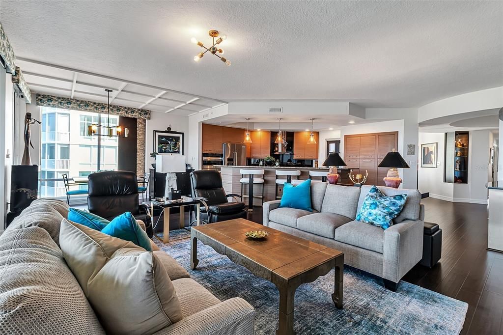 Interior, Kitchen, Living room, Pendant Lights, Recessed Lighting, Stainless Steel Appliances, Wood Texture Flooring